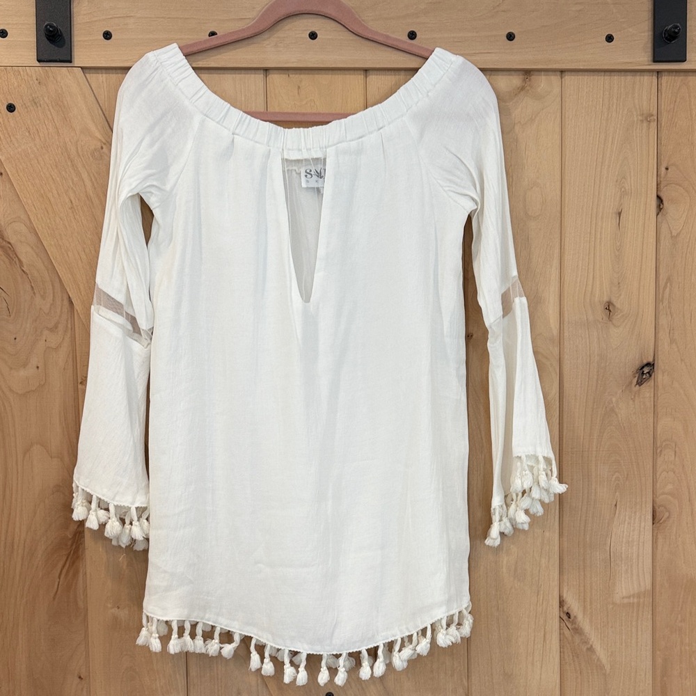 White Off-Shoulder Tassel Top bathing suit coverup